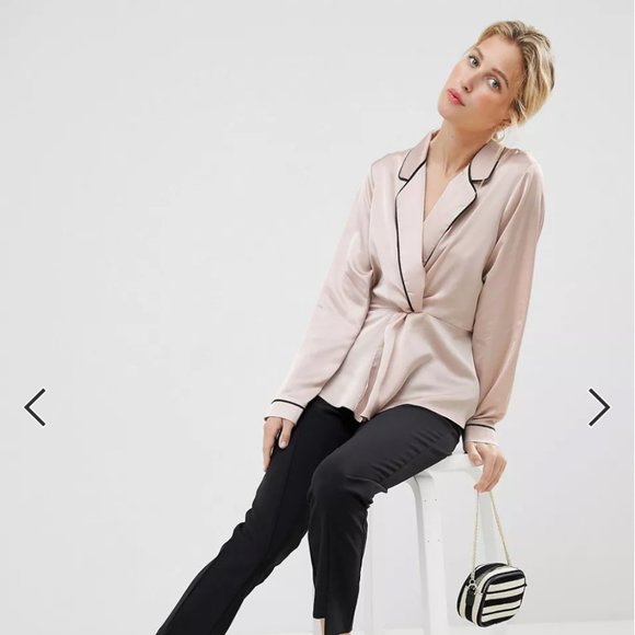 ASOS DESIGN long sleeve plunge knot front satin top - Picture 4 of 6